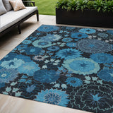 5' X 8' Blue And Black Floral Washable Indoor Outdoor Area Rug