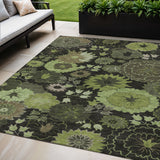 5' X 8' Green And Black Floral Washable Indoor Outdoor Area Rug