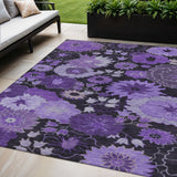 5' X 8' Purple And Black Floral Washable Indoor Outdoor Area Rug