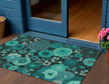 3' X 5' Teal Blue And Black Floral Washable Indoor Outdoor Area Rug