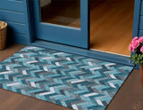 3' X 5' Teal Blue And Ivory Geometric Washable Indoor Outdoor Area Rug