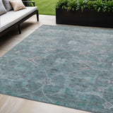 5' X 8' Teal Blue And Gray Floral Washable Indoor Outdoor Area Rug