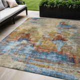 5' X 8' Beige Blue And Gold Abstract Washable Indoor Outdoor Area Rug