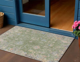 3' X 5' Artichoke Green And Gray Floral Washable Indoor Outdoor Area Rug