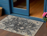 3' X 5' Charcoal And Beige Floral Washable Indoor Outdoor Area Rug