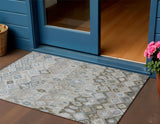 3' X 5' Beige Taupe And Blue Geometric Washable Indoor Outdoor Area Rug