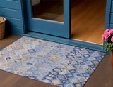 3' X 5' Blue And Taupe Geometric Washable Indoor Outdoor Area Rug