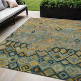 5' X 8' Green Gold And Copper Geometric Washable Indoor Outdoor Area Rug