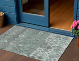 3' X 5' Artichoke Green Gray And Ivory Geometric Washable Indoor Outdoor Area Rug