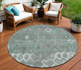 8' Artichoke Green Gray And Ivory Round Geometric Washable Indoor Outdoor Area Rug