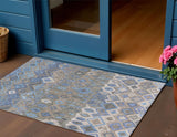 3' X 5' Denim Blue Gray And Ivory Geometric Washable Indoor Outdoor Area Rug
