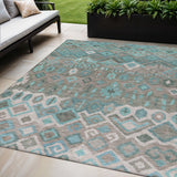 5' X 8' Teal Blue Gray And Ivory Geometric Washable Indoor Outdoor Area Rug