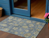 3' X 5' Blue And Beige Floral Washable Indoor Outdoor Area Rug