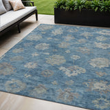 5' X 8' Denim Blue And Gray Floral Washable Indoor Outdoor Area Rug