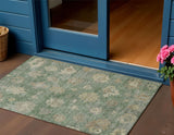 3' X 5' Fern Green And Beige Floral Washable Indoor Outdoor Area Rug