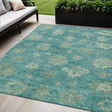 5' X 8' Teal Blue And Fern Green Floral Washable Indoor Outdoor Area Rug