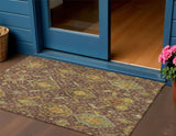 3' X 5' Burgundy Gold And Copper Ikat Washable Indoor Outdoor Area Rug