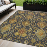 5' X 8' Charcoal Gold And Copper Ikat Washable Indoor Outdoor Area Rug