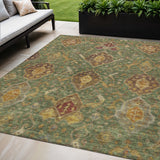 5' X 8' Fern Green Brown And Gold Ikat Washable Indoor Outdoor Area Rug
