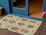 3' X 5' Ivory Brown And Gold Ikat Washable Indoor Outdoor Area Rug