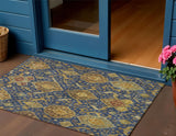 3' X 5' Navy Blue And Gold Ikat Washable Indoor Outdoor Area Rug