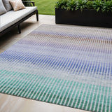 5' X 8' Green Lavender And Teal Blue Striped Washable Indoor Outdoor Area Rug