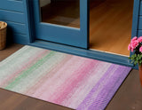 3' X 5' Purple Pink And Green Striped Washable Indoor Outdoor Area Rug