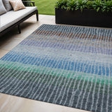 5' X 8' Blue Brown And Green Striped Washable Indoor Outdoor Area Rug