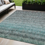 5' X 8' Teal Blue And Gray Striped Washable Indoor Outdoor Area Rug