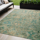 5' X 8' Teal Blue And Beige Medallion Washable Indoor Outdoor Area Rug