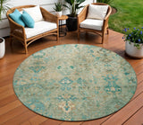 8' Teal Blue And Beige Round Medallion Washable Indoor Outdoor Area Rug