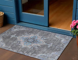 3' X 5' Graphite And Blue Medallion Washable Indoor Outdoor Area Rug