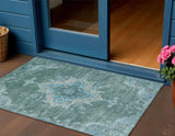 3' X 5' Teal Blue And Gray Medallion Washable Indoor Outdoor Area Rug