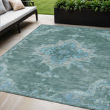 5' X 8' Teal Blue And Gray Medallion Washable Indoor Outdoor Area Rug