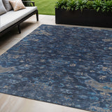 5' X 8' Navy Blue And Gray Medallion Washable Indoor Outdoor Area Rug
