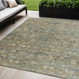 5' X 8' Artichoke Green Blue And Ivory Ikat Washable Indoor Outdoor Area Rug