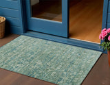 3' X 5' Teal Blue And Ivory Ikat Washable Indoor Outdoor Area Rug