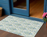 3' X 5' Artichoke Green Ivory And Blue Damask Washable Indoor Outdoor Area Rug
