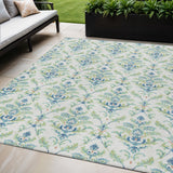 5' X 8' Artichoke Green Ivory And Blue Damask Washable Indoor Outdoor Area Rug
