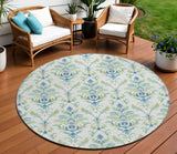 8' Artichoke Green Ivory And Blue Round Damask Washable Indoor Outdoor Area Rug
