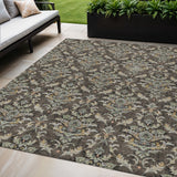 5' X 8' Chocolate Copper And Black Damask Washable Indoor Outdoor Area Rug