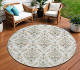 8' Ivory Copper And Gray Round Damask Washable Indoor Outdoor Area Rug