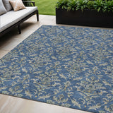 5' X 8' Navy Blue Wheat And Ivory Damask Washable Indoor Outdoor Area Rug