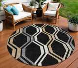 8' Black Beige And Gray Round Geometric Washable Indoor Outdoor Area Rug