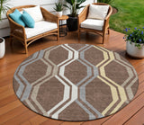 8' Chocolate Gray And Ivory Round Geometric Washable Indoor Outdoor Area Rug