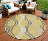 8' Gold Gray And Ivory Round Geometric Washable Indoor Outdoor Area Rug