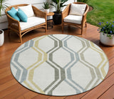 8' Ivory Gray And Wheat Round Geometric Washable Indoor Outdoor Area Rug