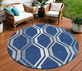 8' Navy Blue And Ivory Round Geometric Washable Indoor Outdoor Area Rug