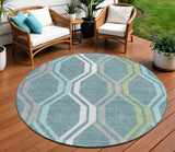 8' Teal Blue Gray And Ivory Round Geometric Washable Indoor Outdoor Area Rug