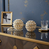 Set of Two Gold And Pearl Faux Crystal And Metal Decorative Orbs